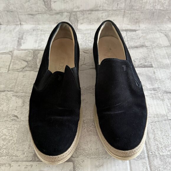 Tods Black Suede Rope Edge Mens Elasticated Side Panel Flat Rubber Loafer Sz 6